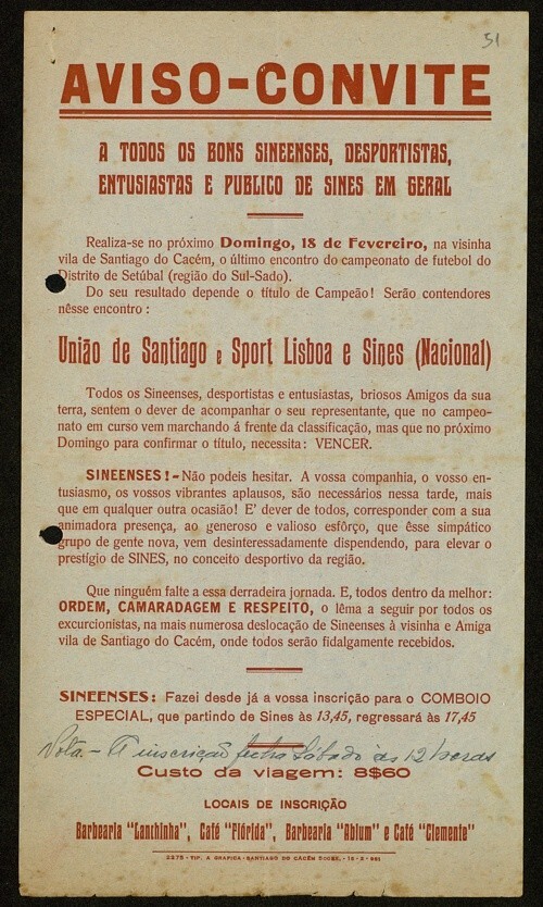 1951, Fevereiro, 5. Aviso-Convite. Arquivo Municipal de Sines, C&acirc;mara Municipal de Sines, Correspond&ecirc;ncia Recebida, ma&ccedil;o 304, documento 51.